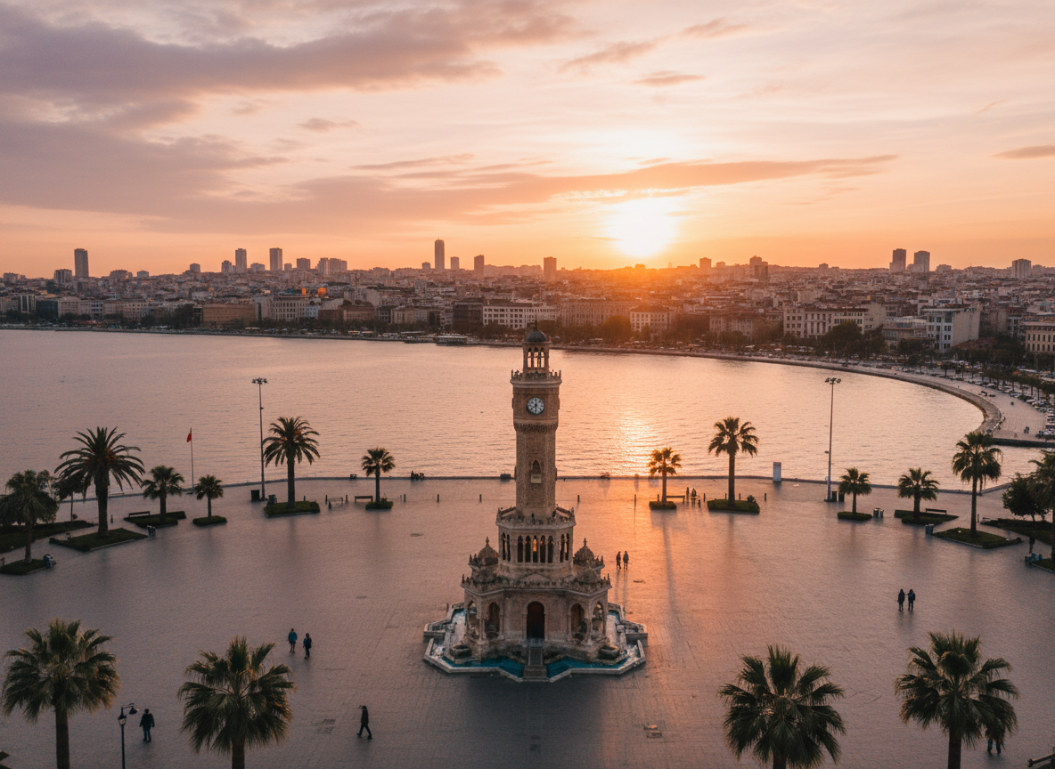 İzmir Konak Meydanı ve Saat Kulesi gün batımında