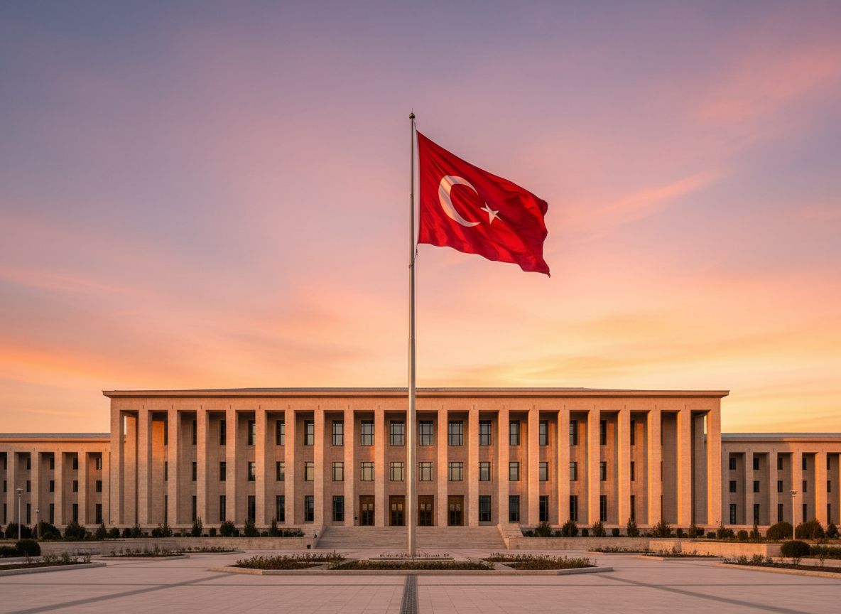 Gün batımında TBMM binası ve Türk bayrağı